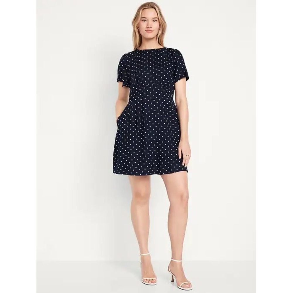 NEW Old Navy Women Crepe Mini Dress Large Navy Polka Dot Short Sleeve Pockets